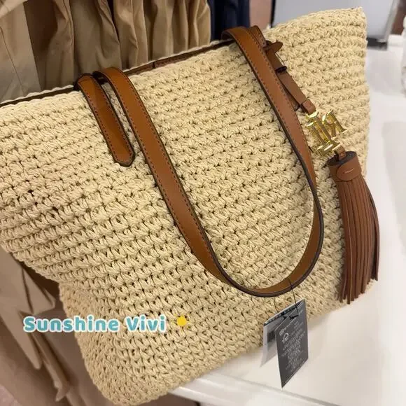 NWT Lauren RALPH LAUREN Crochet-Straw Medium Whitney Tote Natural/Lauren Tan - Picture 2 of 9